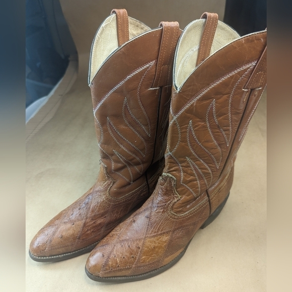 Longhorn Boots men's size 8D Exotic Genuine Brown Patchwork Ostrich leather clas - Picture 1 of 11